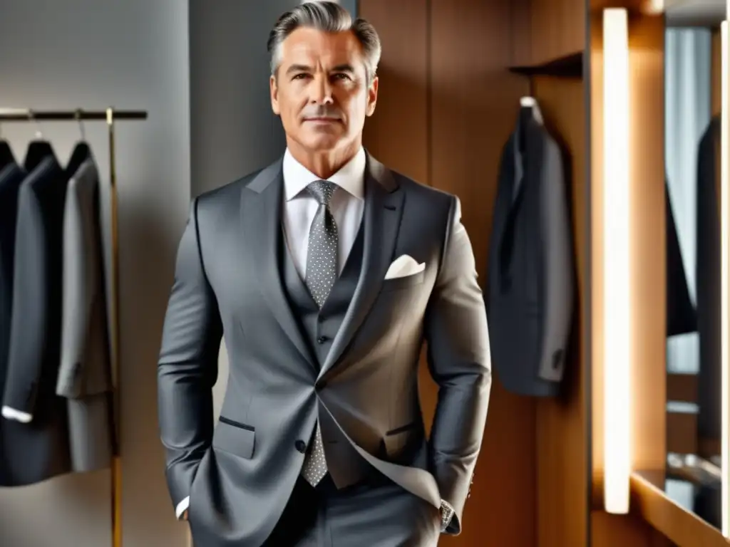 Moda masculina madura elegante: Hombre con traje gris, espejo y accesorios