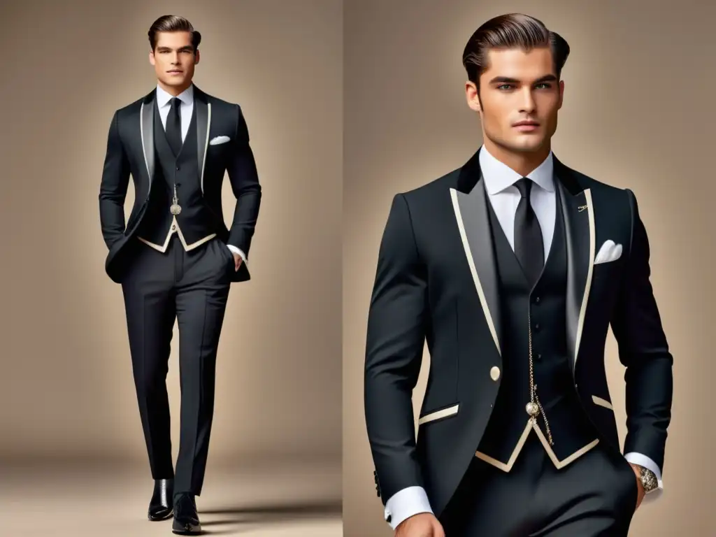 Elegante conjunto masculino inspirado en Coco Avant Chanel, con traje negro ajustado, detalles sutiles de Chanel y accesorios clásicos