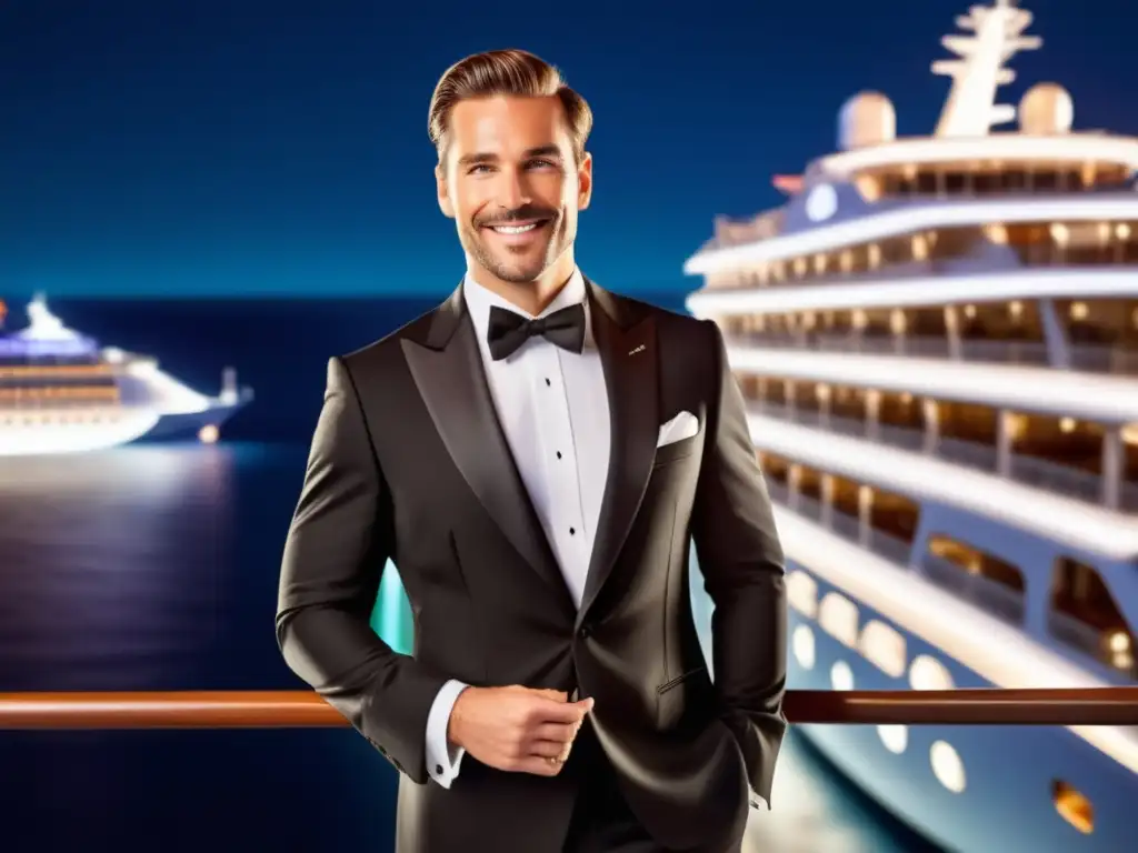 Hombre elegante en tuxedo negro en crucero de noche