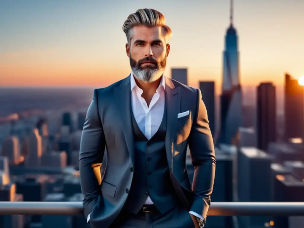 Hombre elegante en la ciudad al atardecer Consejos estilo viaje urbano masculino: Hombre elegante en ciudad moderna al atardecer