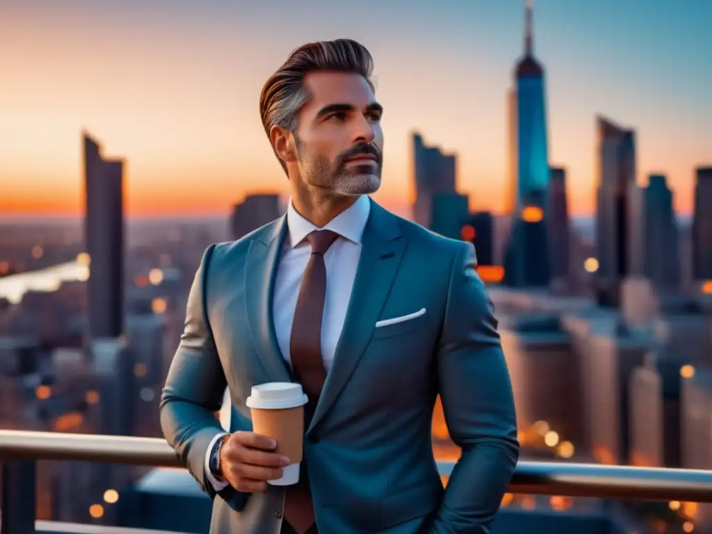 Hombre elegante en ciudad al atardecer, capturando momentos con estilo - Consejos para fotos masculinas elegantes