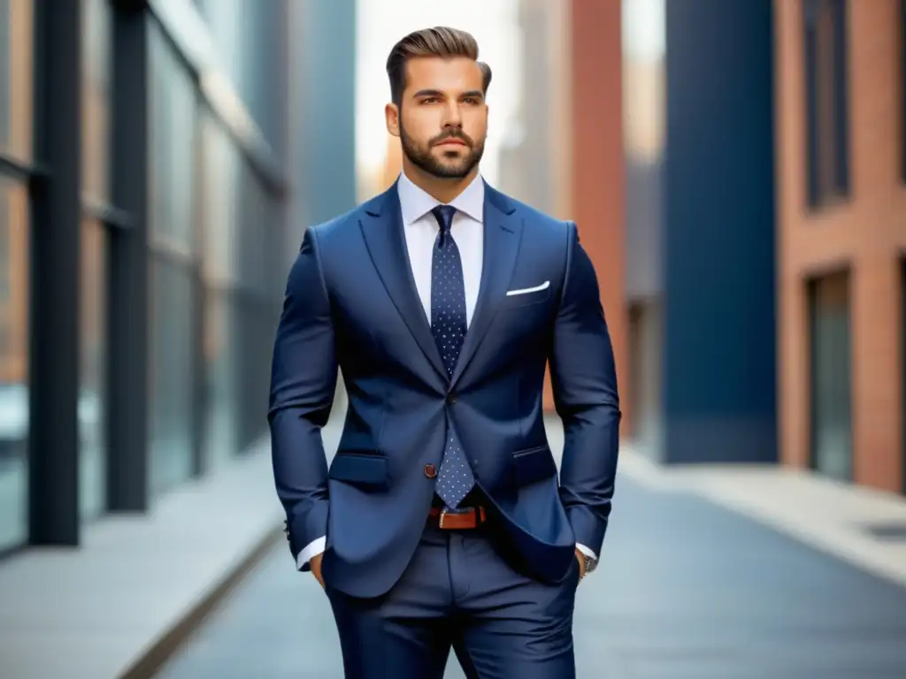 Hombre elegante en ciudad moderna con traje azul marino, camisa blanca, zapatos negros brillantes y accesorios vibrantes