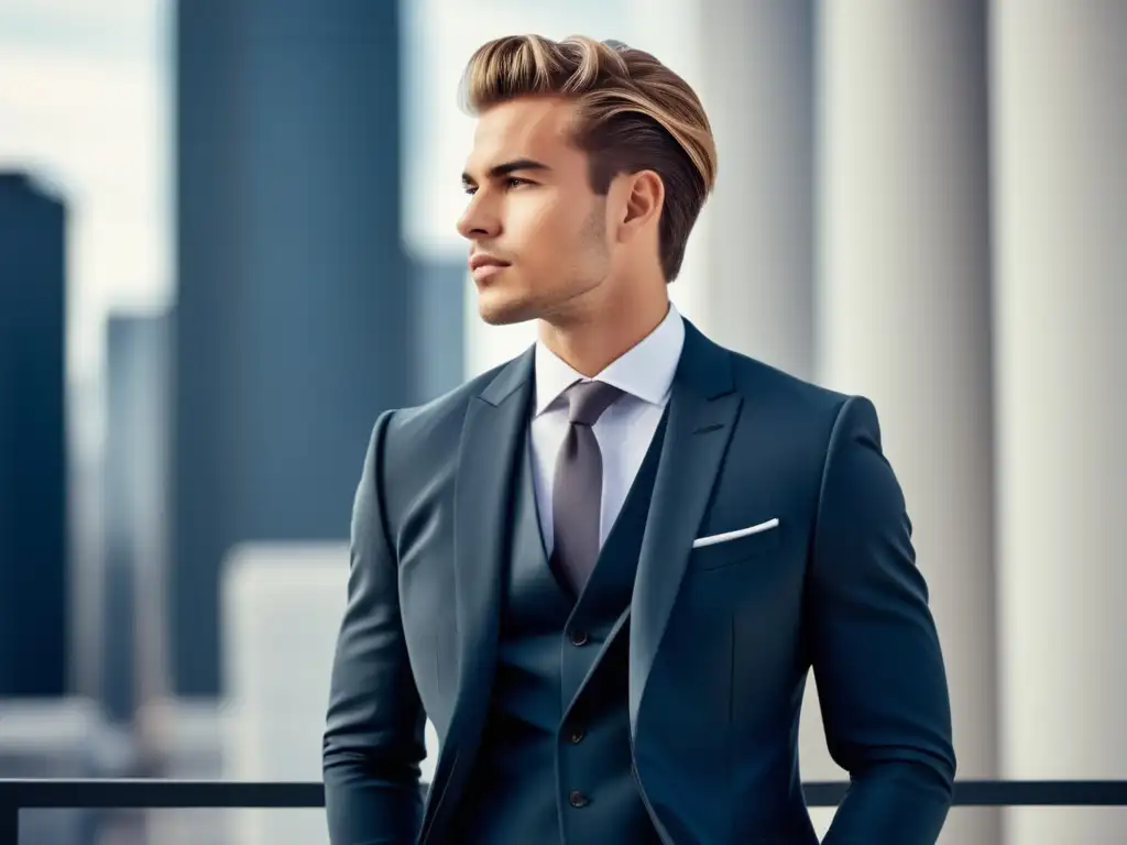 Joven elegante en traje moderno, resaltando tendencias moda masculina juvenil evolución