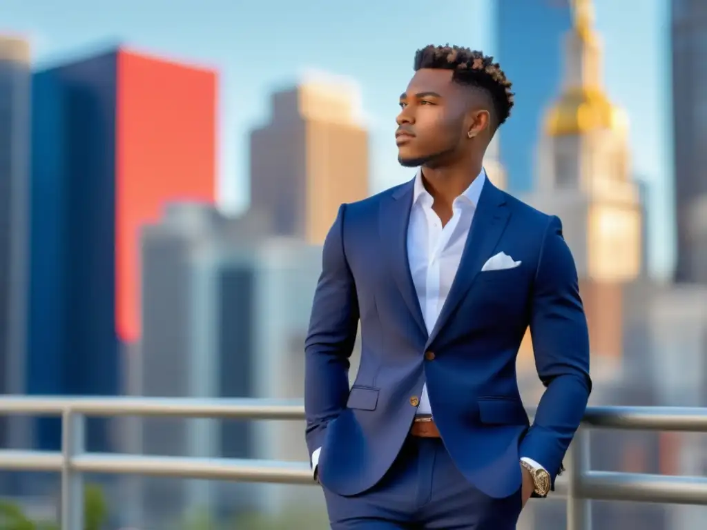 Tendencias moda masculina juvenil: Joven elegante en traje azul marino y camisa blanca, frente a vibrante escenario urbano