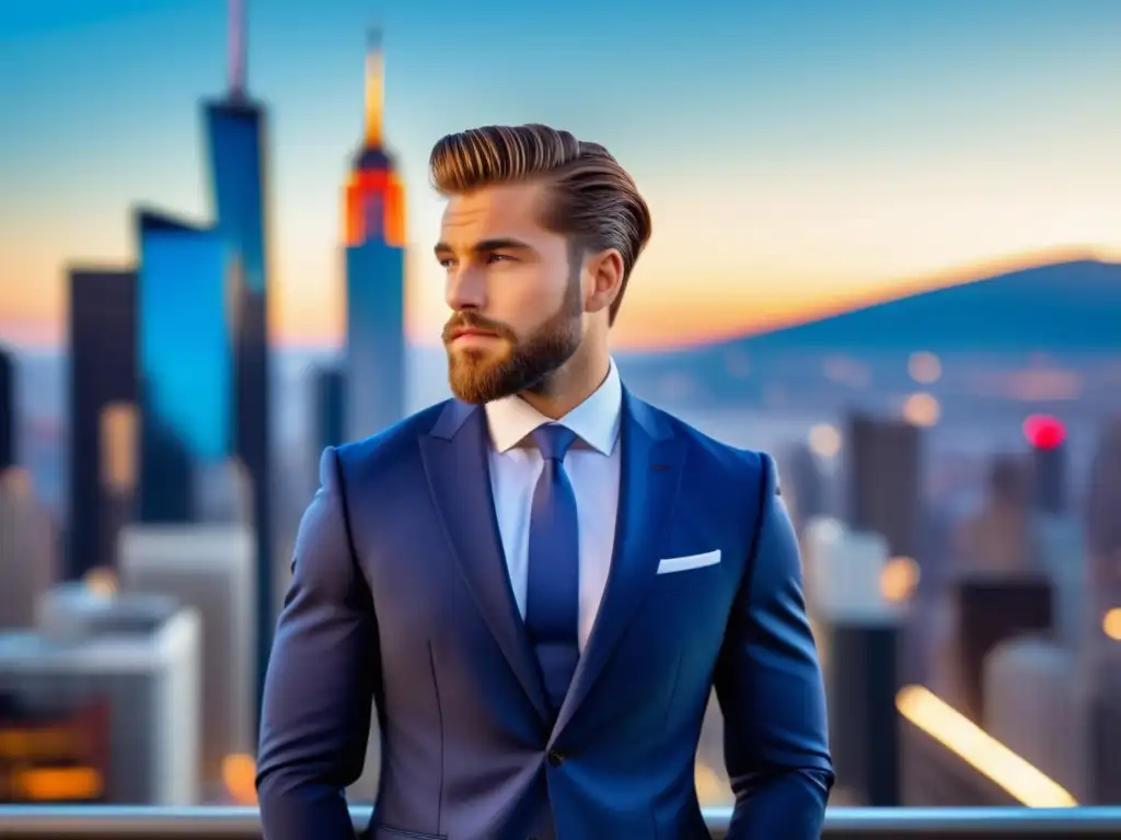 Joven elegante en traje azul mejora estilo y vida social