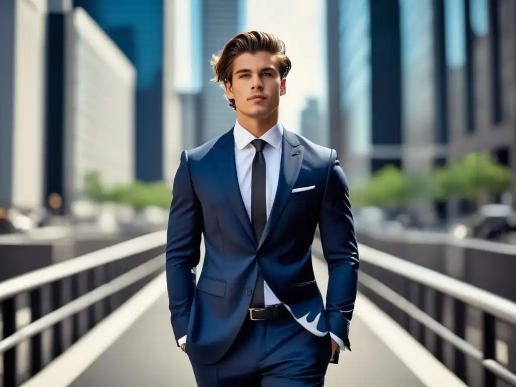 Hombre joven elegante en traje azul marino ajustado, camisa blanca, corbata negra y zapatos de cuero negro