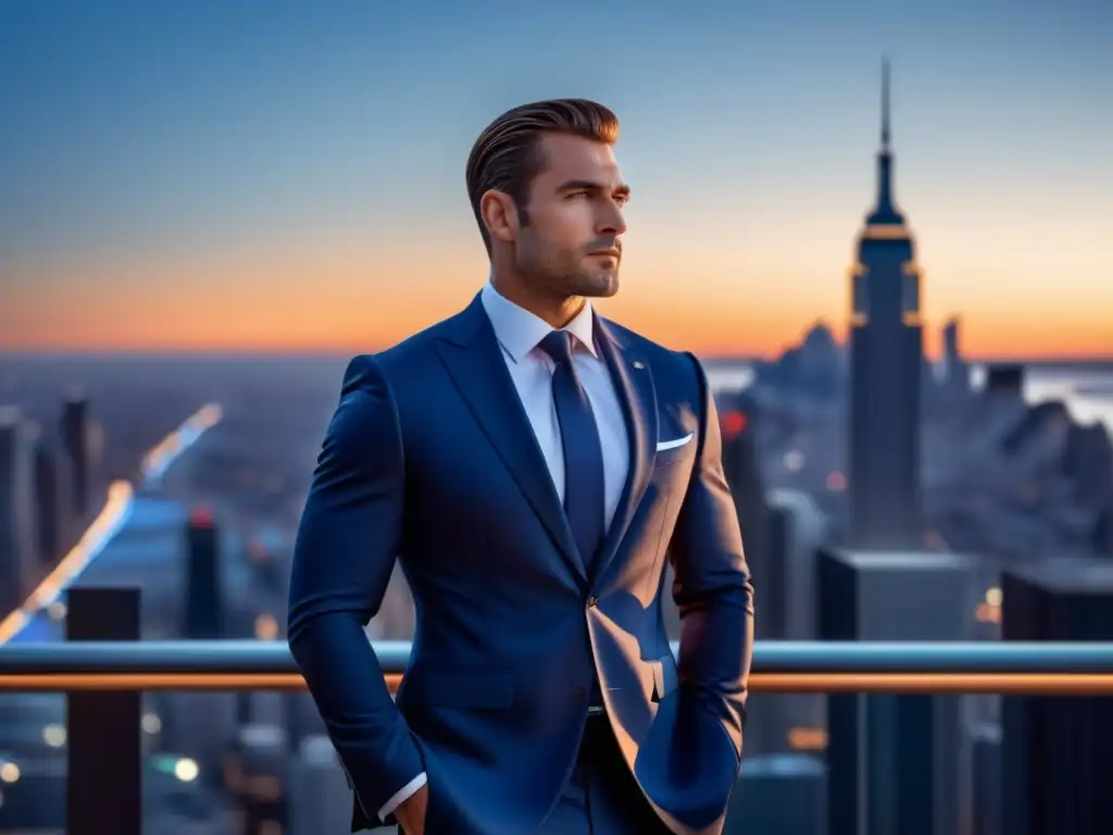 Importancia del estilo personal masculino: Hombre elegante en traje azul marino de alta calidad, en una ciudad moderna al atardecer