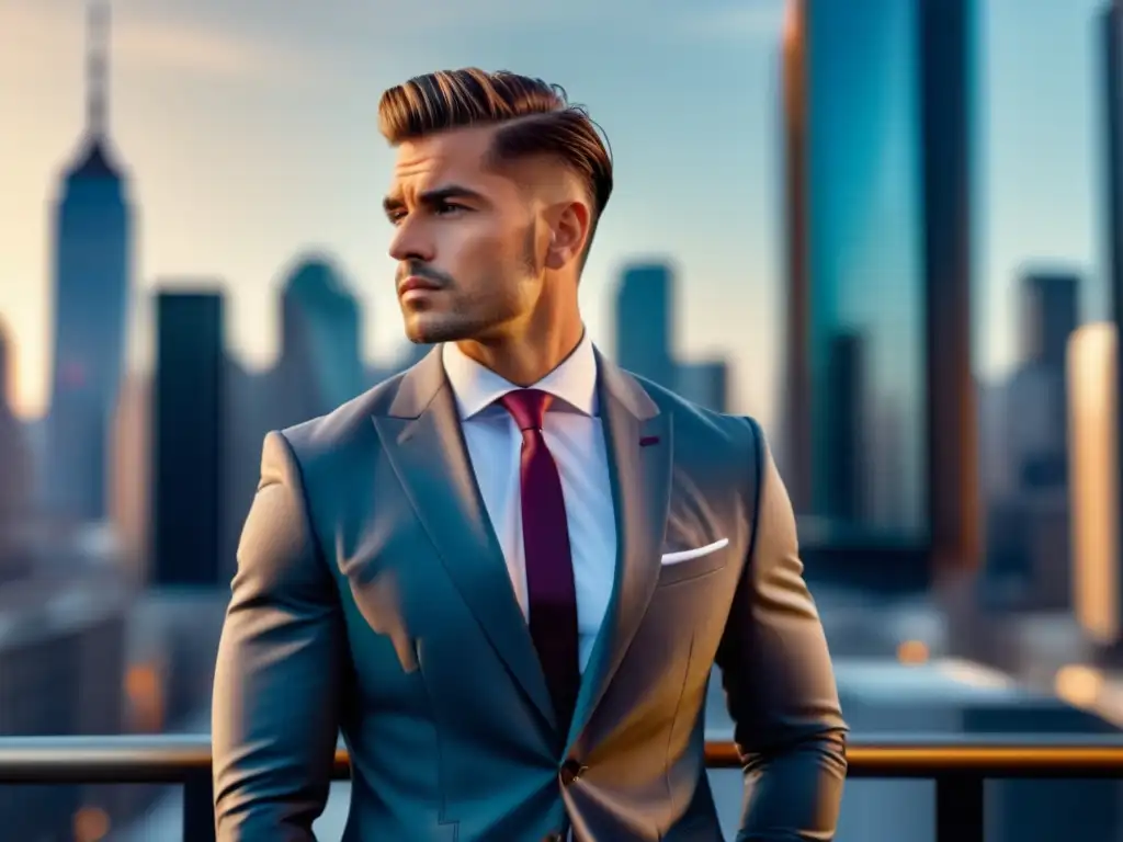 Tendencias globales moda masculina: Hombre elegante en traje, fusionando estilo personal y elementos culturales en vibrante entorno urbano