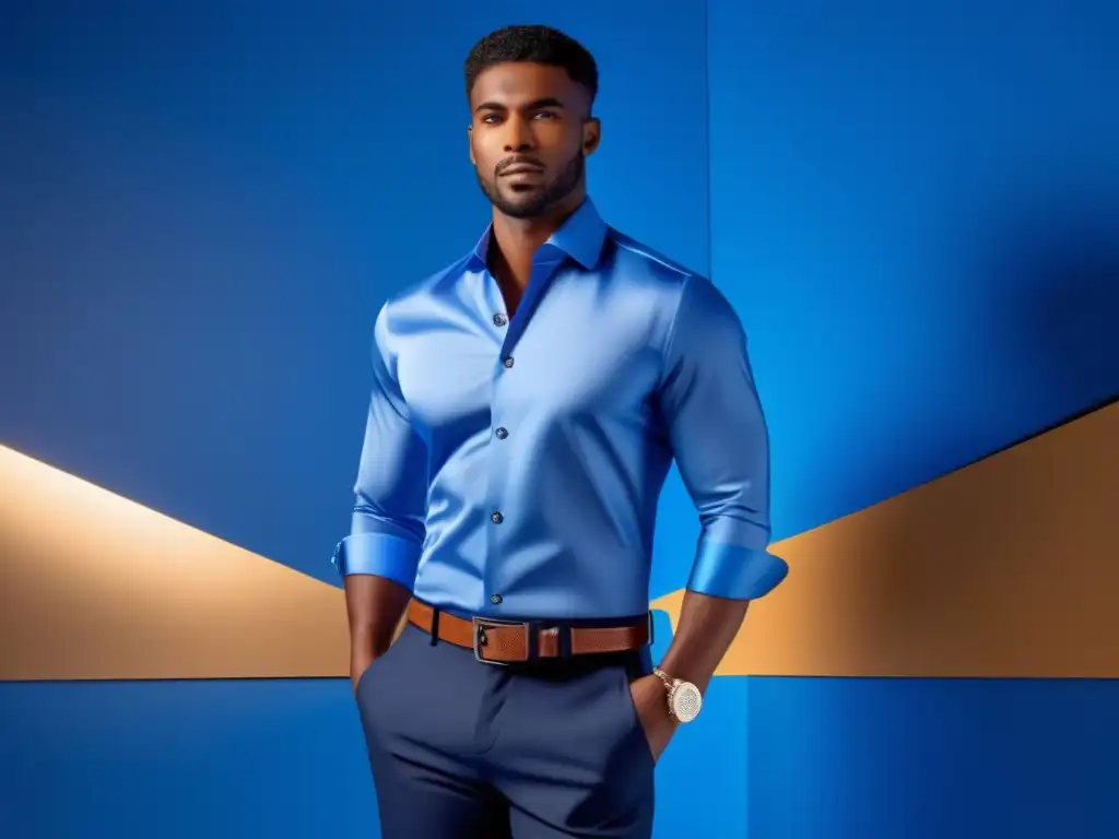 Beneficios psicológicos del color azul en la moda: modelo elegante con traje azul, camisa y pantalones oscuros