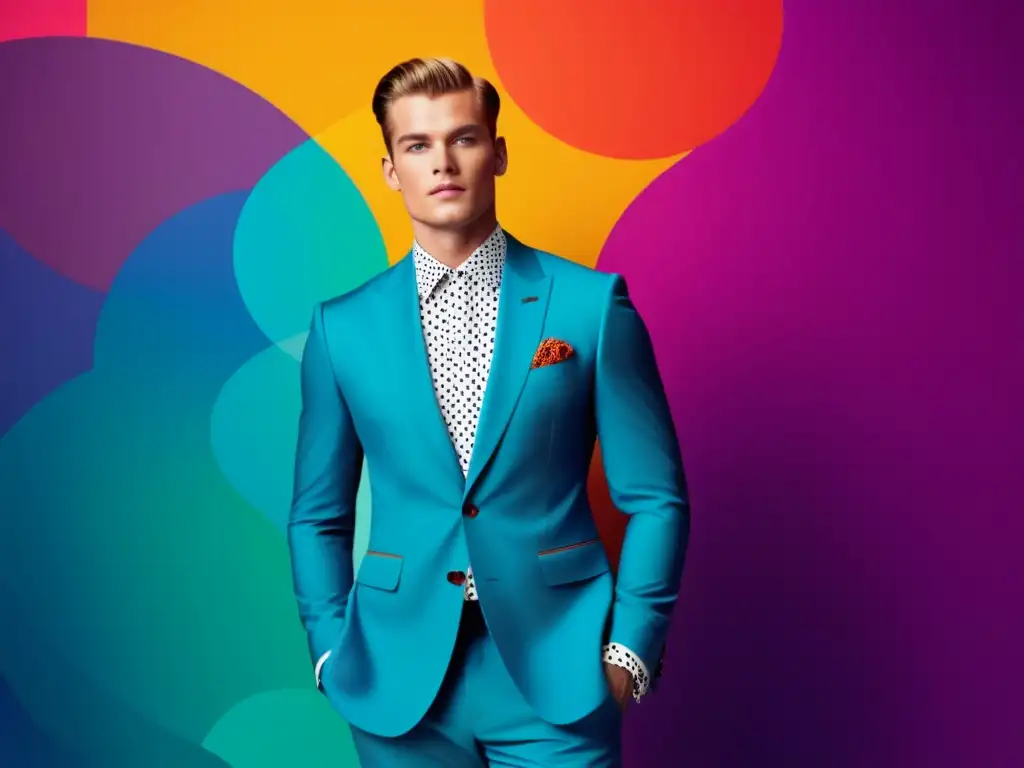 Modelo masculino con traje elegante y lunares vibrantes: moda masculina positividad