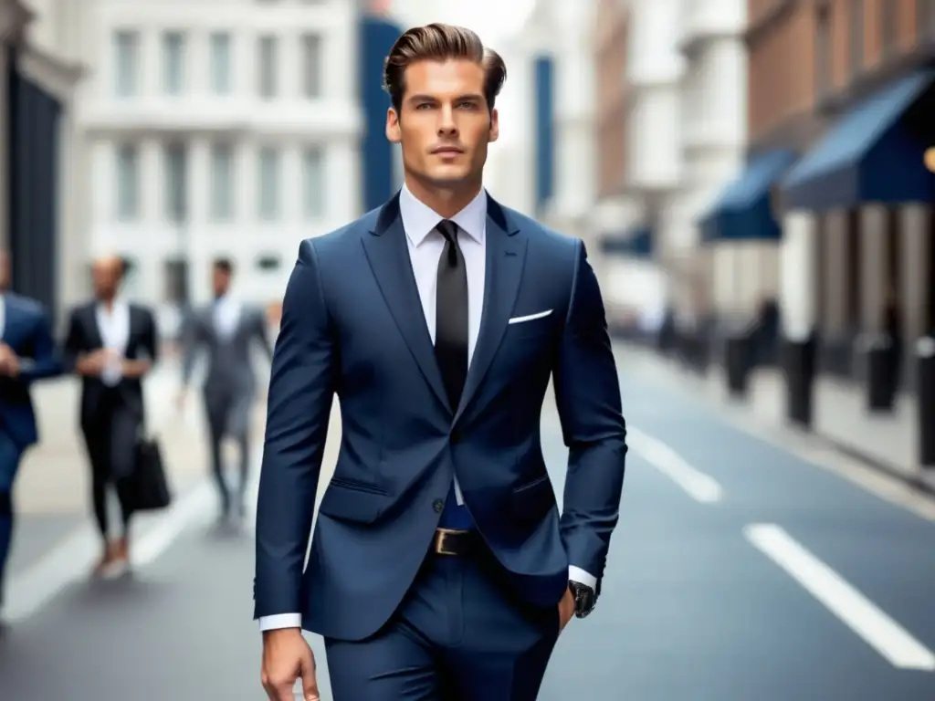 Modelo masculino elegante en traje azul marino, camisa blanca y corbata negra caminando en la ciudad