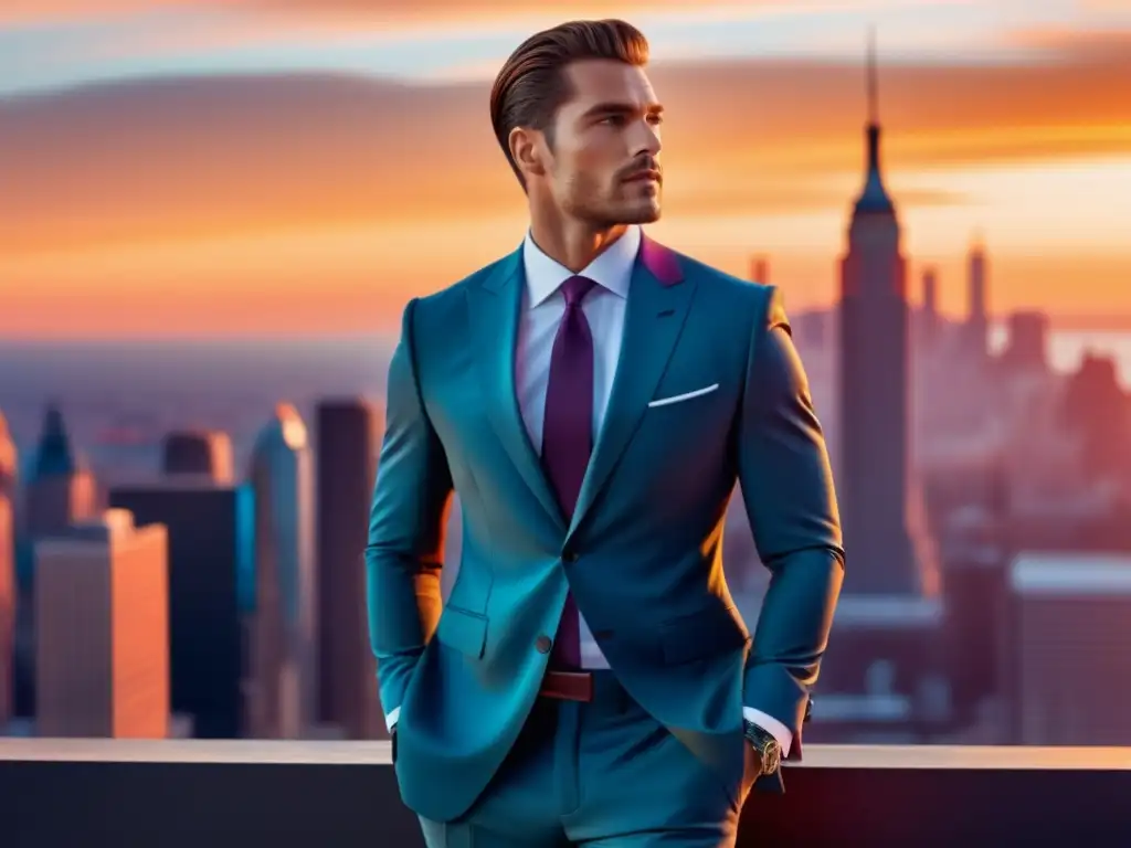 Hombre elegante en traje frente a ciudad vibrante: Importancia narrativa publicidad moda masculina