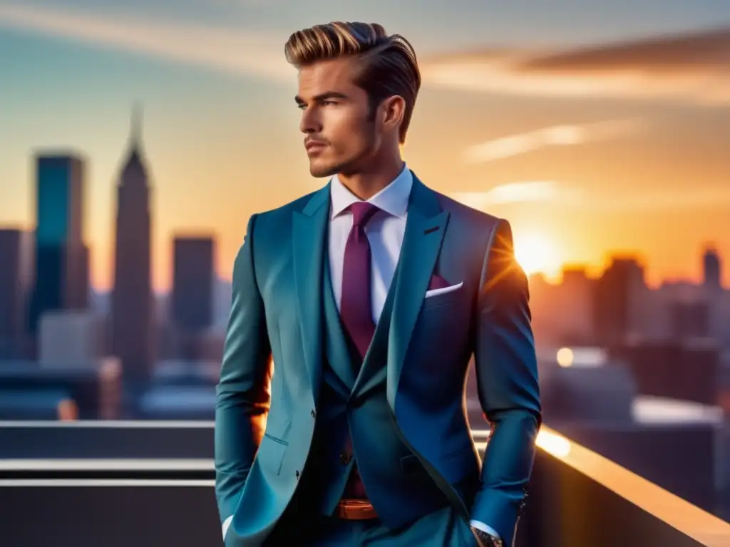 Importancia del flash en moda masculina: modelo elegante con fondo urbano vibrante al atardecer