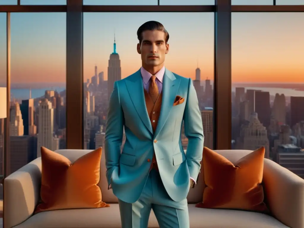 Moda masculina inspirada en Marc Jacobs y The Royal Tenenbaums, modelo con traje a medida en sala de lujo y ventanales con vista panorámica al atardecer