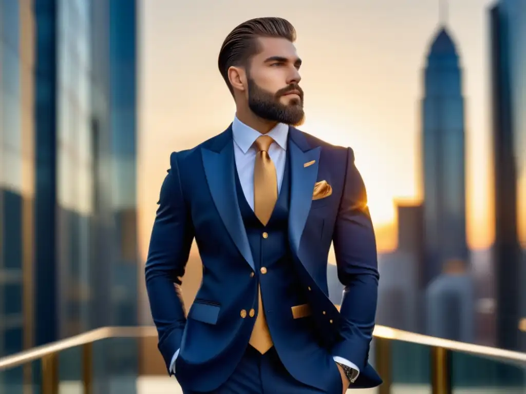 Fotografía de estilo masculino elegante, modelo con traje azul, confianza y elegancia, urbano y exitoso con auto deportivo