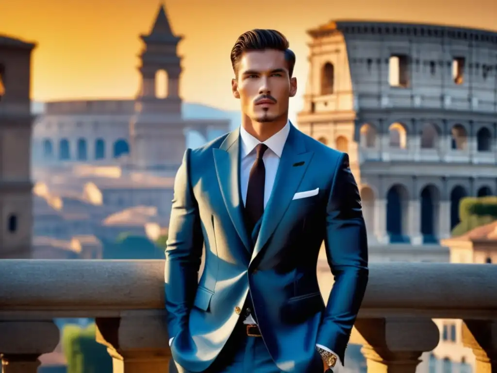 Moda masculina italiana redefinida: modelo elegante en traje Dolce & Gabbana frente a monumentos icónicos, con detalles y texturas