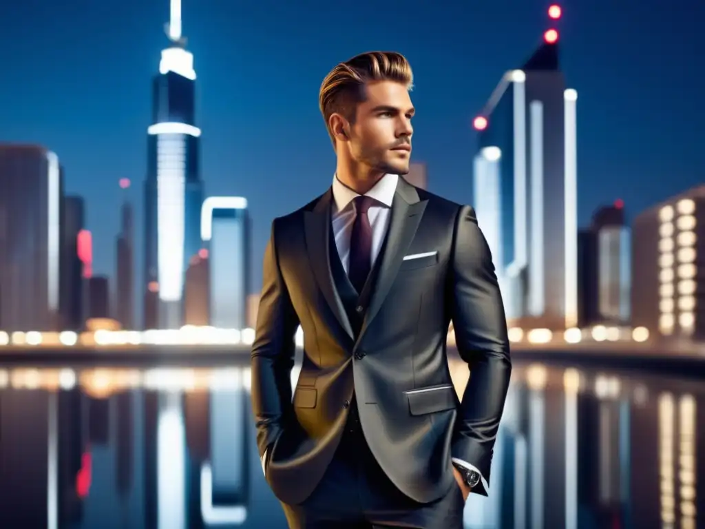 Impacto de la moda masculina: modelo elegante con traje moderno y smartphone, reflejando la ciudad en su atuendo