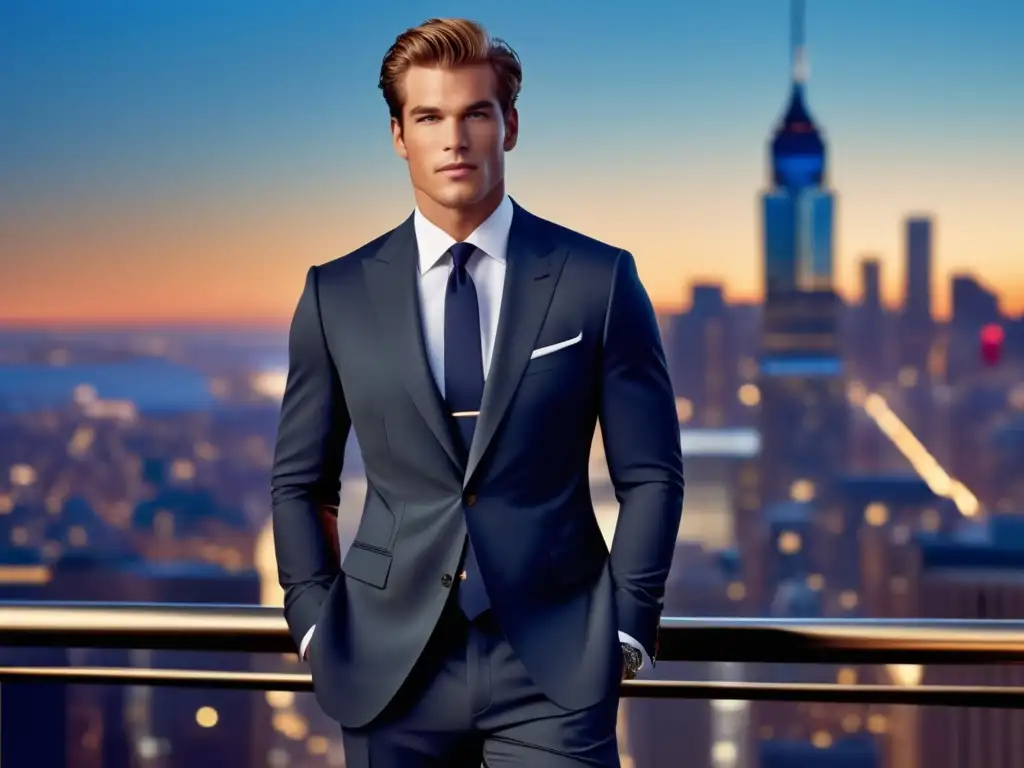 Tendencias moda masculina Ralph Lauren, modelo elegante luciendo traje impecable en ciudad atardecer-