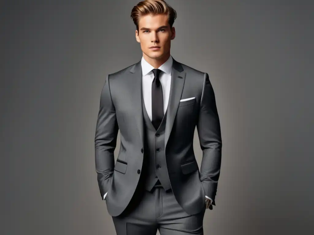 Importancia calzado moda masculina - Modelo elegante en estudio bien iluminado con traje gris, camisa blanca y corbata negra