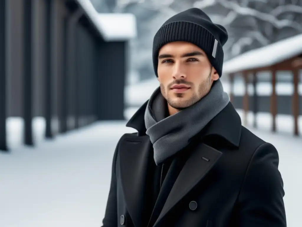 Modelo masculino elegante en un atuendo de invierno, destacando accesorios imprescindibles