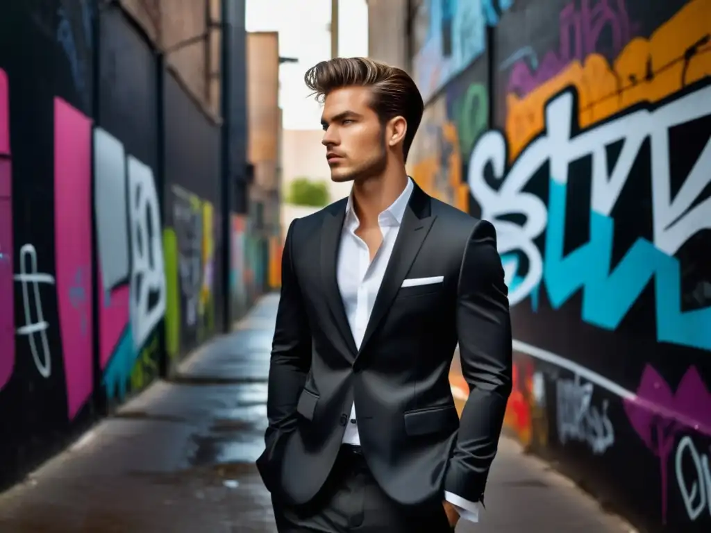 Moda masculina: modelo de moda masculina en un callejón con graffiti, luciendo un elegante traje negro