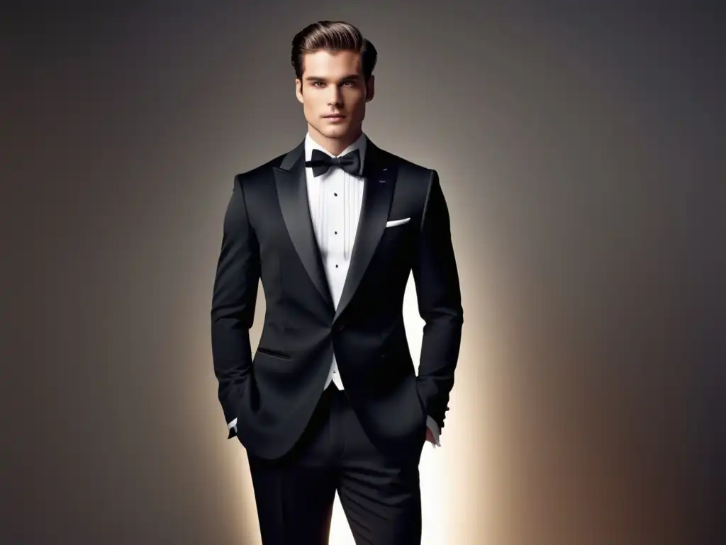 Tendencias moda masculina elegancia: Modelo masculino en tuxedo negro, elegante y sofisticado, frente a fondo moderno minimalista en blanco y negro