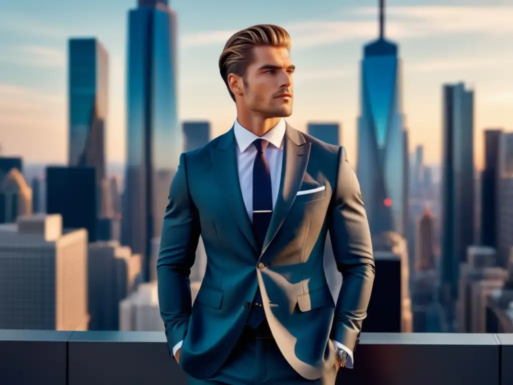 Consejos moda masculina: Modelo elegante frente a vibrante metrópolis, resalta estilo y cuidado