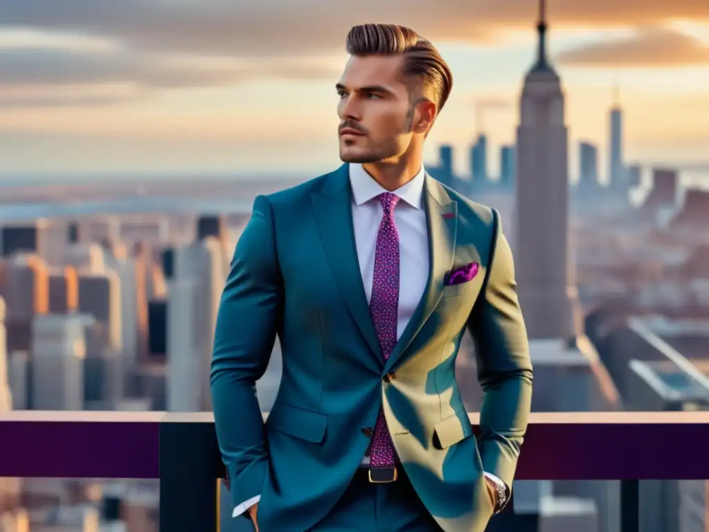 Modelo masculino con traje moderno y ciudad vibrante - Tendencias moda masculina identidad