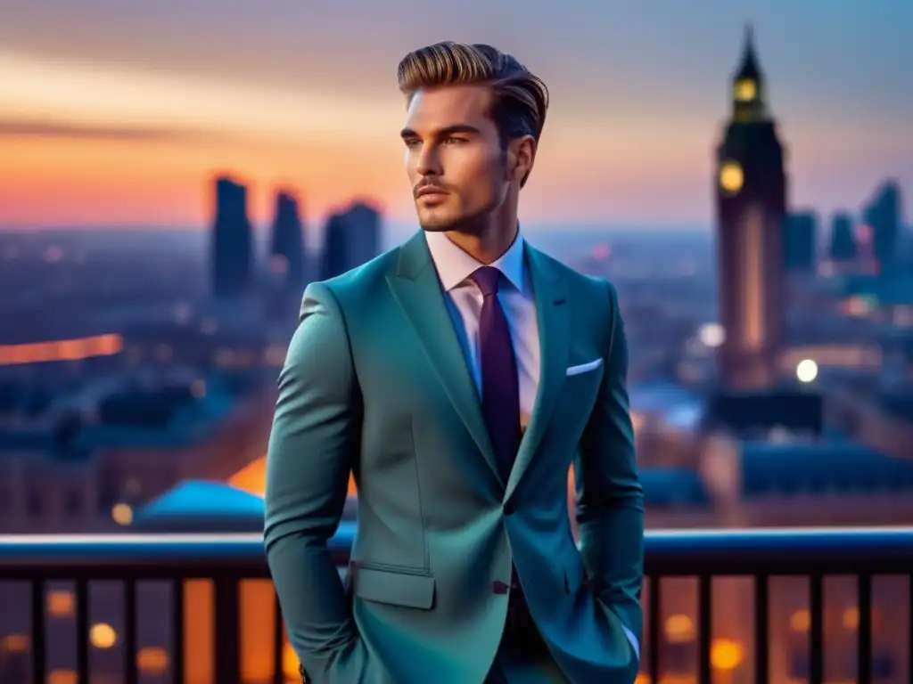 Fotografía de moda masculina creativa, modelo en traje impecable frente a ciudad vibrante al atardecer