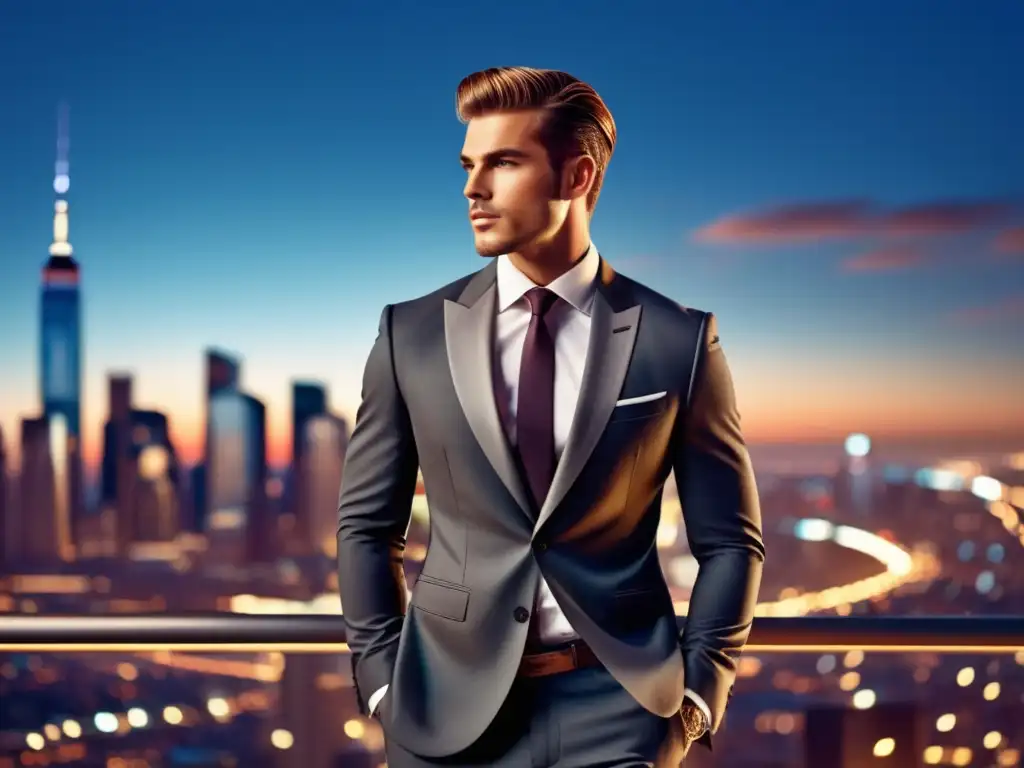 Modelo masculino elegante con traje de moda, destacándose en la ciudad al atardecer