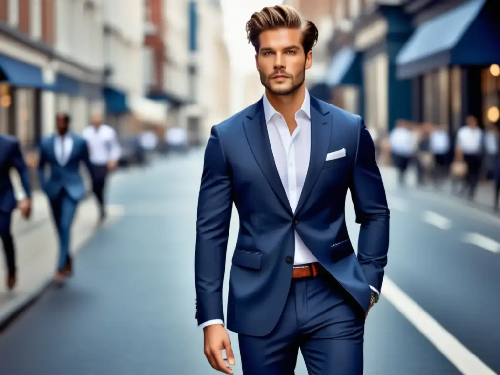 Estiloso modelo masculino en traje azul marino, camisa blanca y pañuelo estampado, en una vibrante ciudad