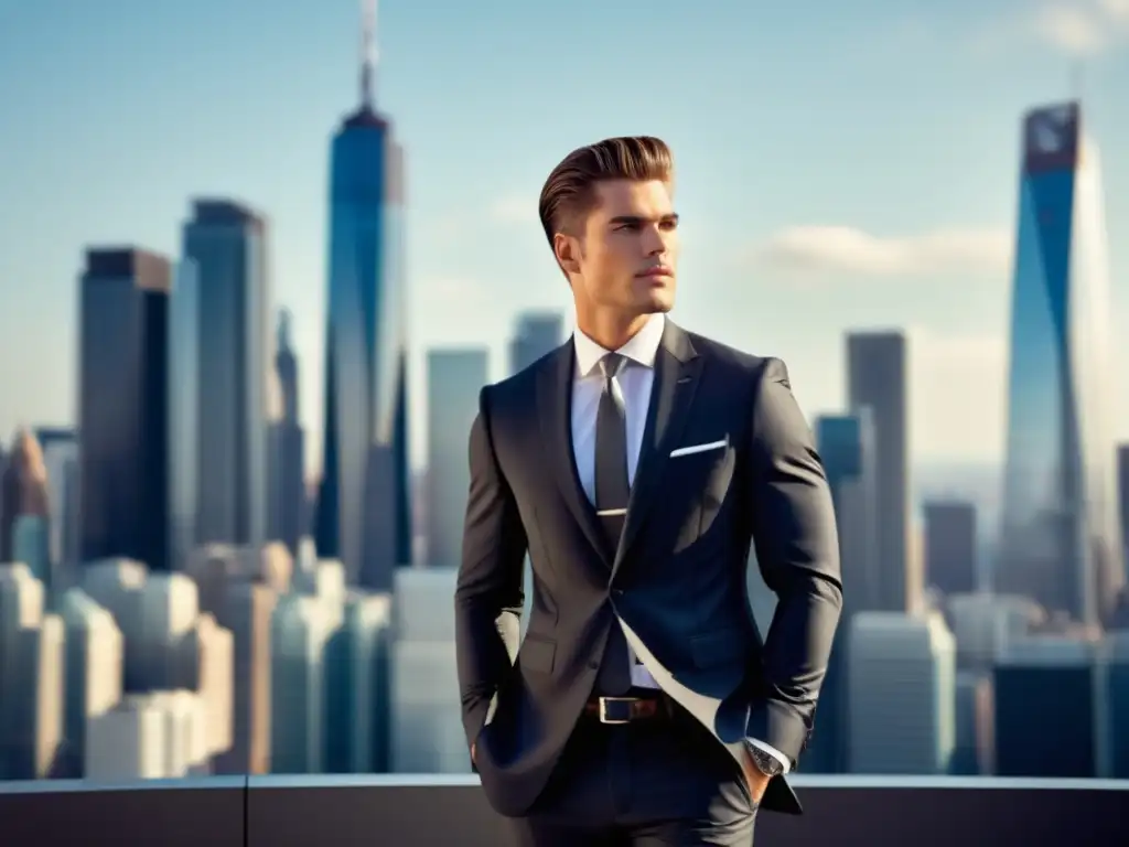 Modelo masculino elegante con traje moderno y fondo urbano - Consejos para resaltar estilo masculino