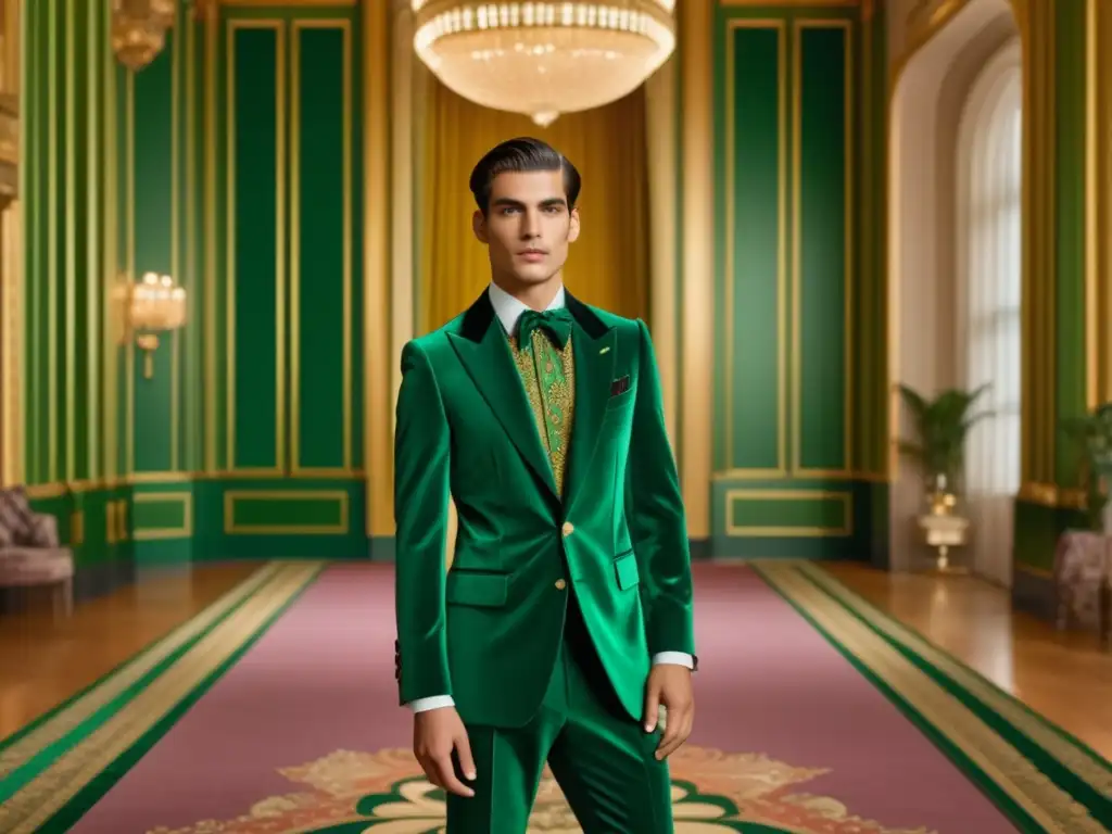 Moda masculina elegante en salón con detalles lujosos e inspiración en Marc Jacobs y The Royal Tenenbaums