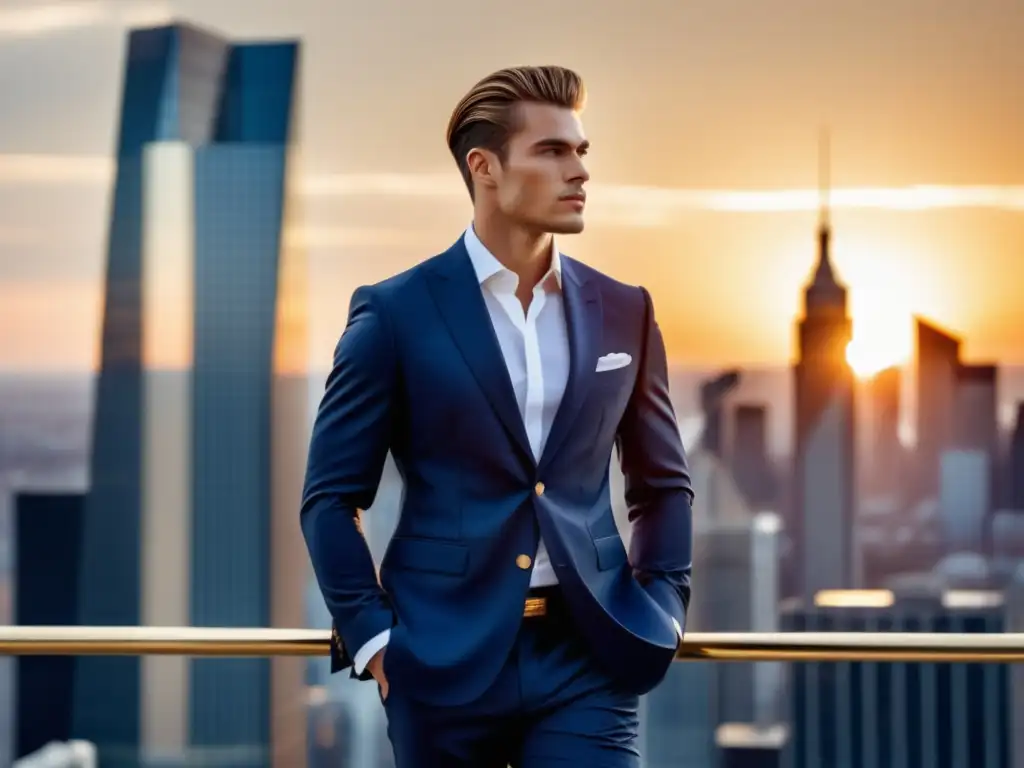 Tendencias moda masculina europea: modelo masculino europeo usando un traje azul marino a medida frente a una ciudad moderna al atardecer