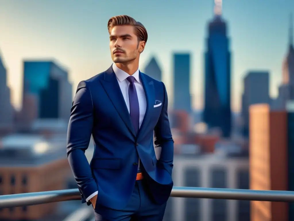 Tendencias moda masculina global: Modelo masculino elegante en traje azul marino, destacando la influencia global en la moda local