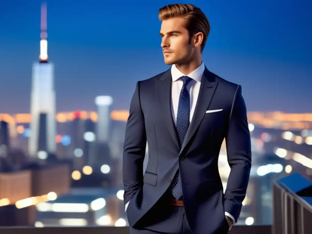 Tendencias moda masculina actual: modelo masculino elegante en un traje azul marino ajustado, contra una ciudad moderna al atardecer