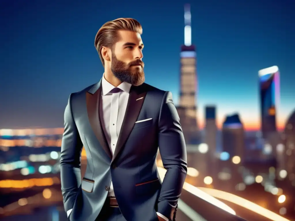 Modelo masculino elegante en traje, confiado ante una ciudad vibrante de noche