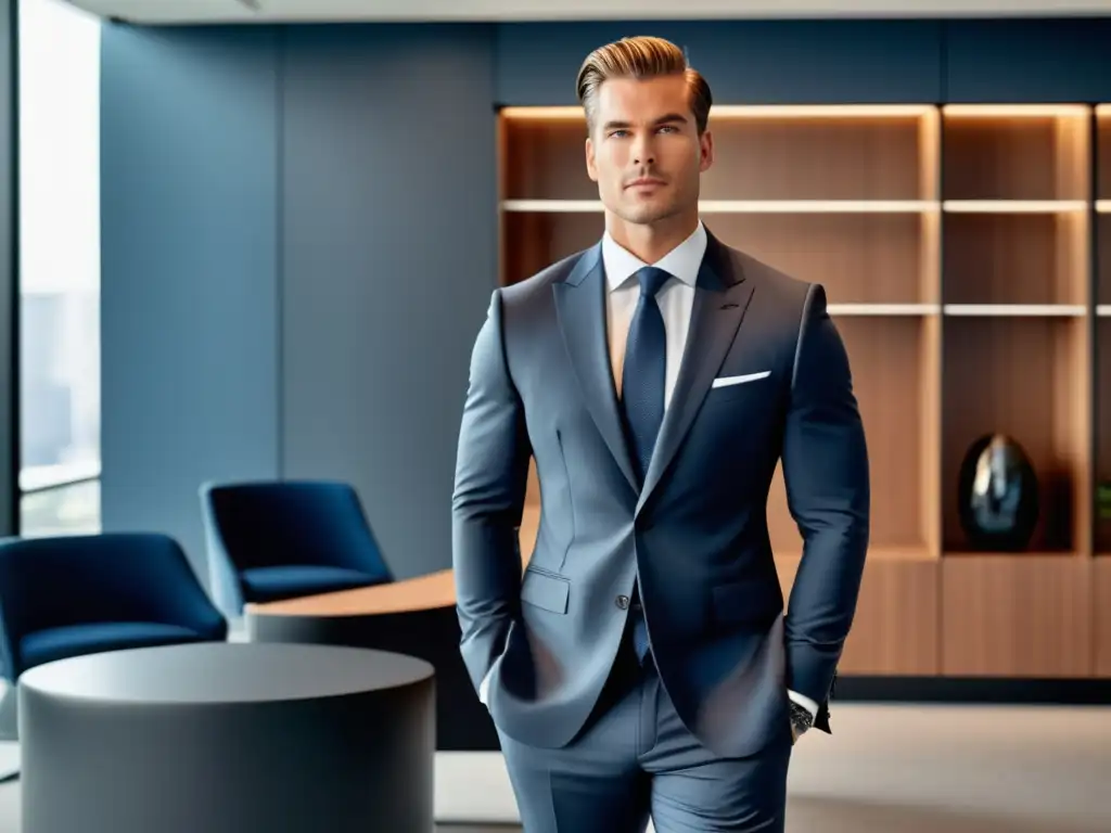 Tendencias moda corporativa masculina en oficina moderna con hombre elegante en traje impecable