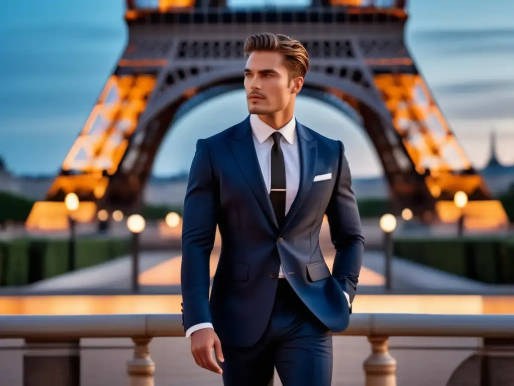 Moda masculina francesa: modelo elegante en traje azul marino frente a la Torre Eiffel al atardecer