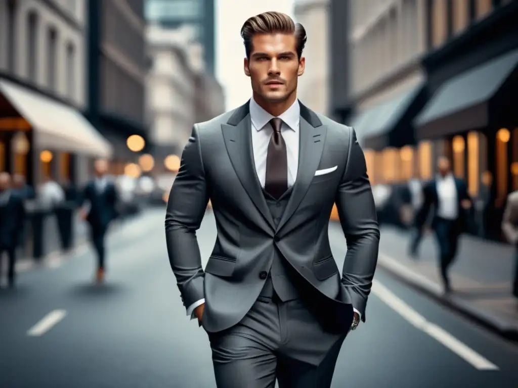 Tendencias moda masculina rompiendo reglas con elegante modelo en traje gris oscuro caminando por la ciudad