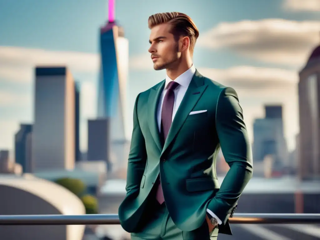 Modelo masculino en traje moderno, destacando tendencias y estrategias publicitarias para moda masculina