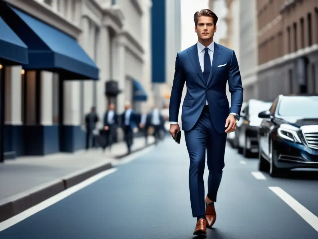 Modelo masculino en traje azul oscuro con pinstripes, camisa blanca, corbata negra y zapatos de cuero negro