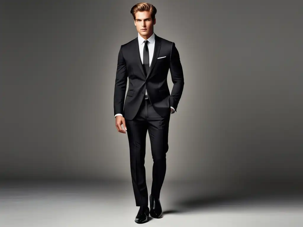 Modelo masculino elegante con traje negro y tendencias moda masculina minimalista