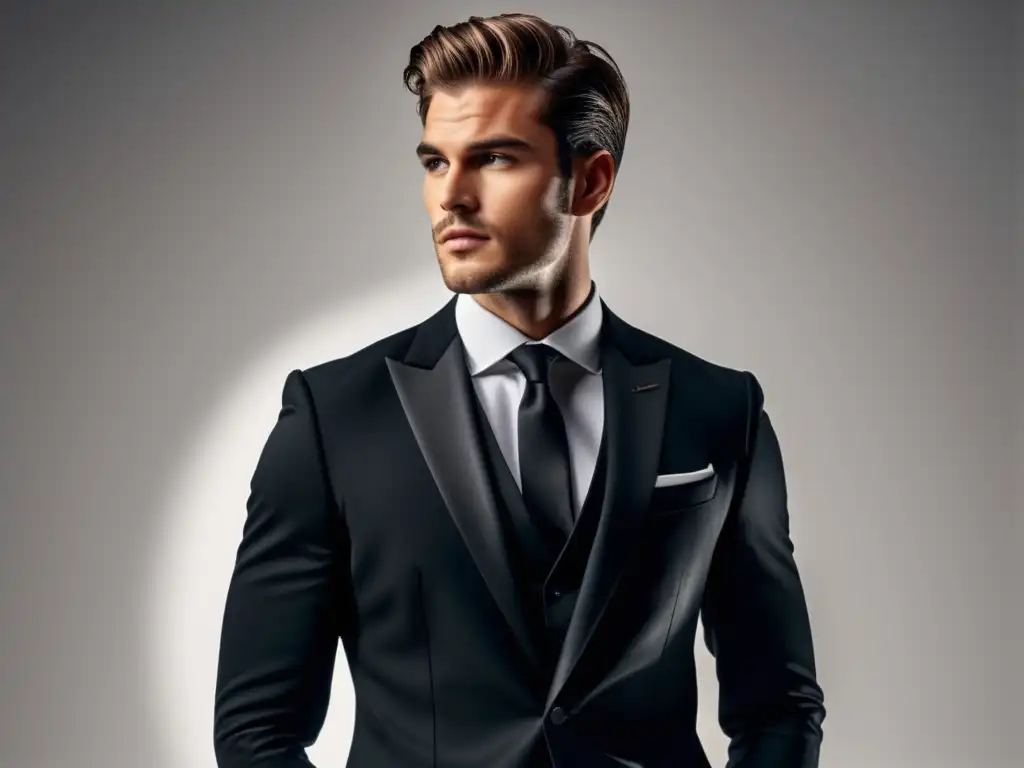 Fotografía moda masculina blanco negro: Hombre elegante en traje negro, fondo blanco