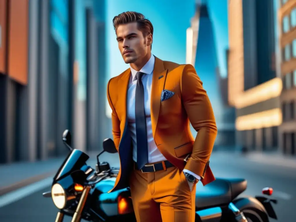 Modelo masculino elegante y confiado en un entorno urbano vibrante