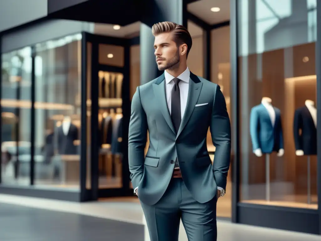 Estrategias publicitarias para moda masculina: modelo masculino elegante frente a una tienda moderna y minimalista