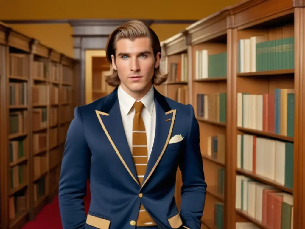 Moda masculina Wes Anderson: Modelo elegante en outfit preppy con blazer azul marino y libros vintage en biblioteca