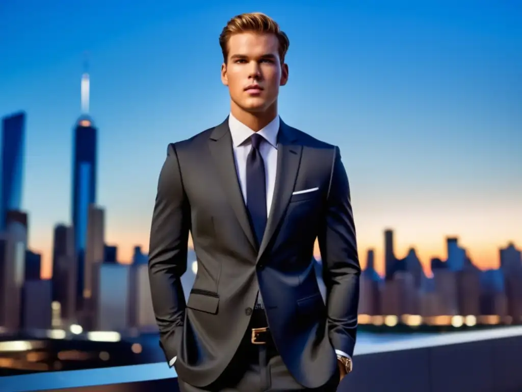 Tendencias moda masculina Michael Kors: Modelo elegante en traje, ciudad moderna al fondo