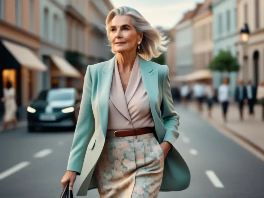 Moda en la tercera edad: vestir ocasión, mujer mayor elegante caminando por la ciudad con estilo y confianza