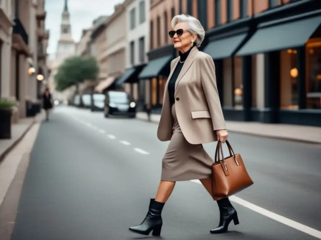 Consejos moda y comodidad tercera edad: Mujer mayor elegante y segura caminando por la ciudad con estilo